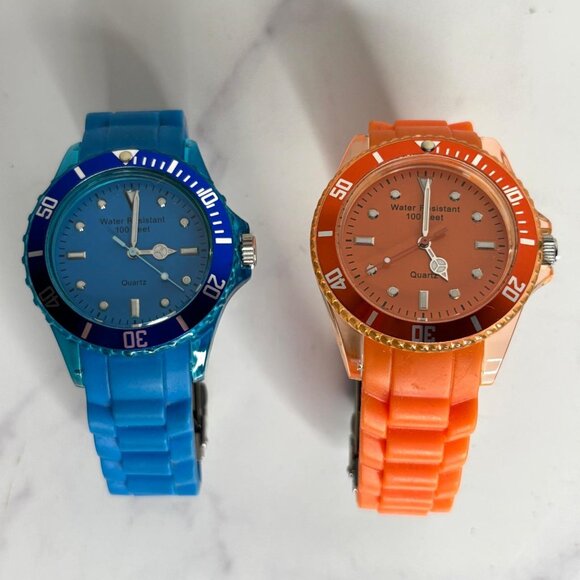 Set 2 Silicone Rubber Band Quartz Watches – Blue & Orange Water Resistant 100ft - Picture 1 of 12